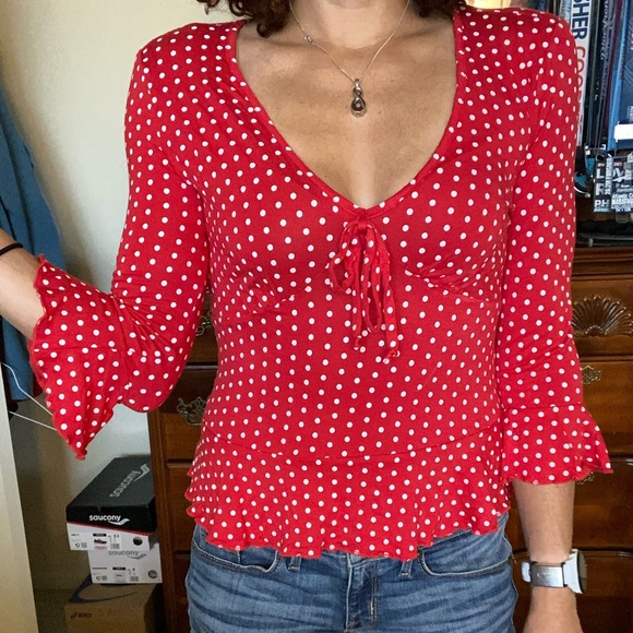 Almost famous deep, cut, polkadot, red butterfly, arm shirt - Picture 3 of 4